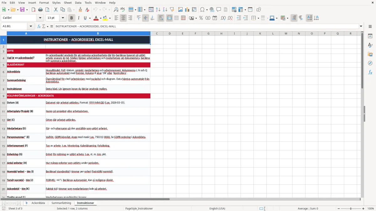 Skärmbild 3: fliken Instruktioner - Excelmall ackordssedel excel mall