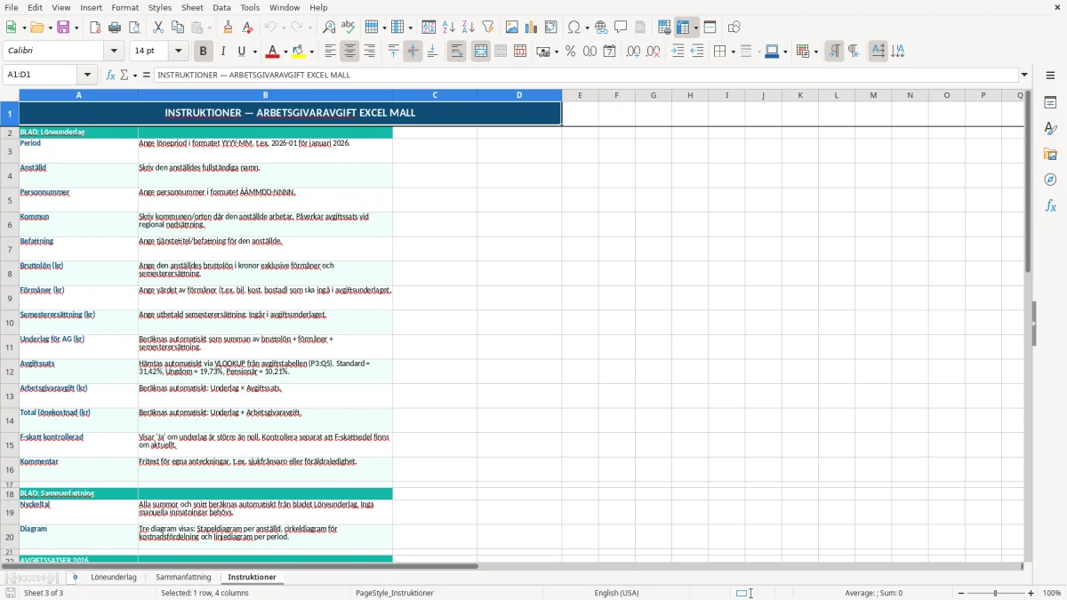 Skärmbild 3: fliken Instruktioner - Excelmall arbetsgivaravgift excel mall
