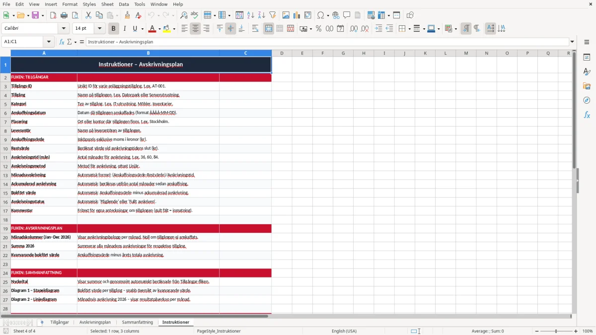 Skärmbild 4: fliken Instruktioner - Excelmall avskrivningsplan excel mall