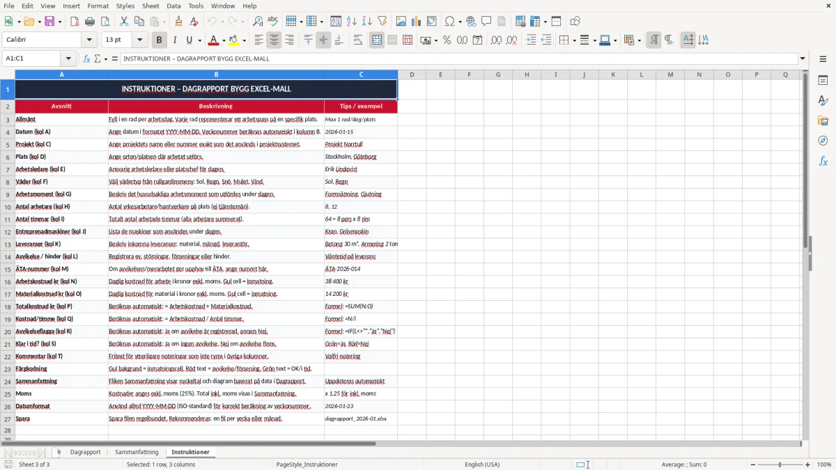 Skärmbild 3: fliken Instruktioner - Excelmall dagrapport bygg excel mall