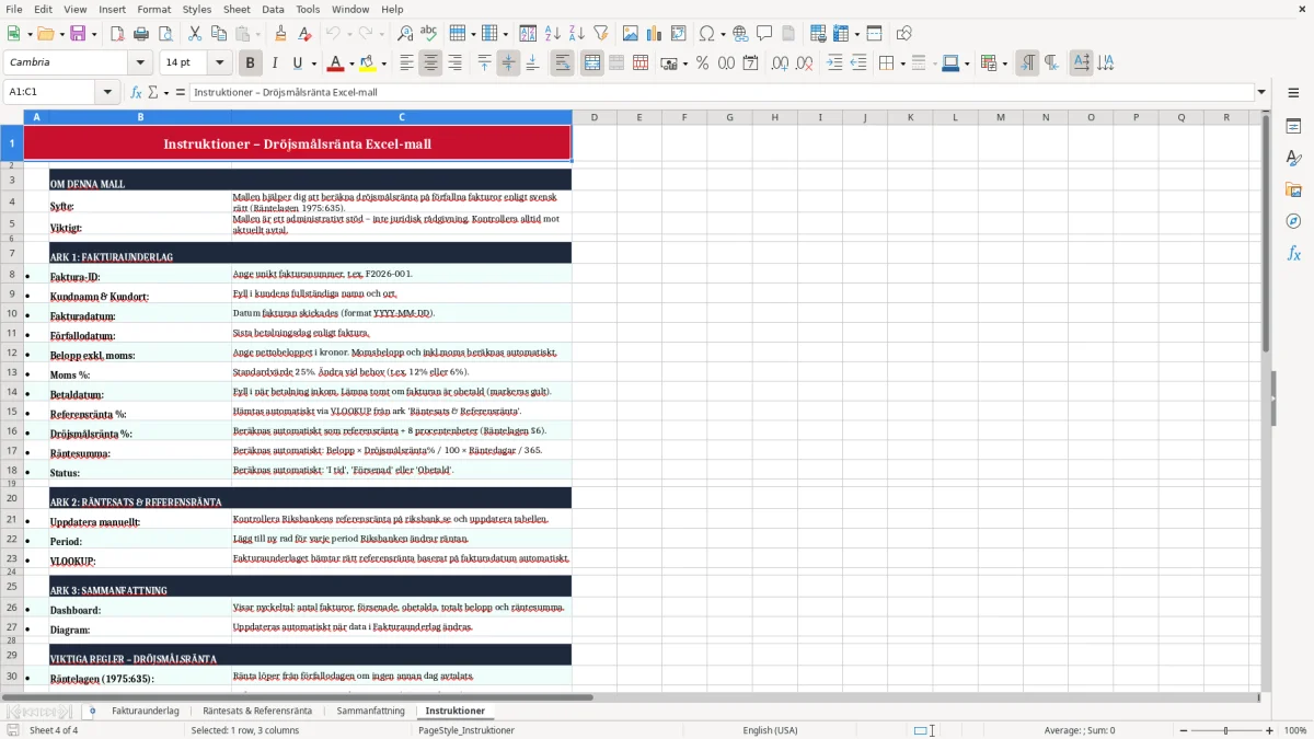Skärmbild 4: fliken Instruktioner - Excelmall dröjsmålsränta excel mall
