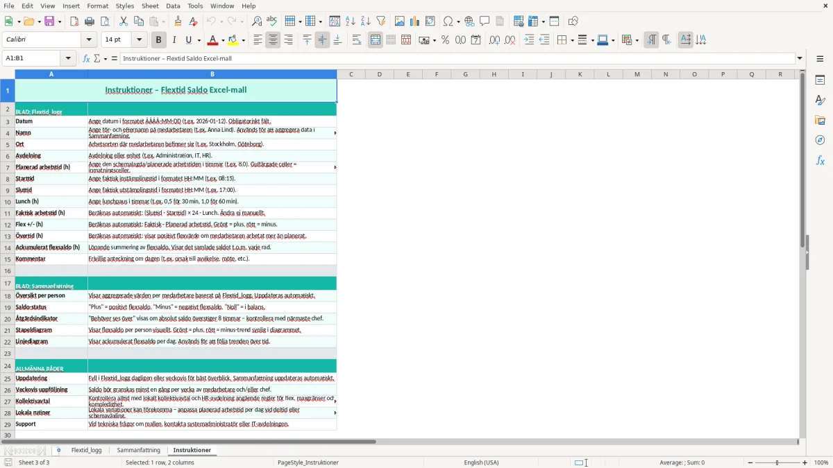 Skärmbild 3: fliken Instruktioner - Excelmall flextid saldo excel mall