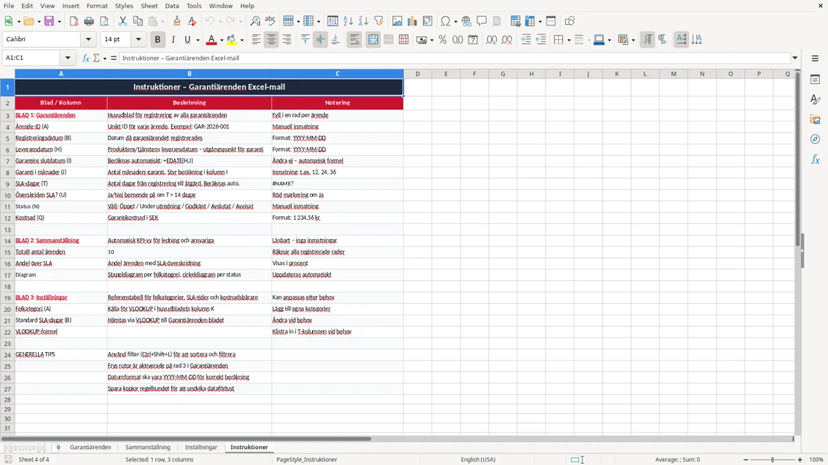 Skärmbild 4: fliken Instruktioner - Excelmall garantiåtagande excel mall