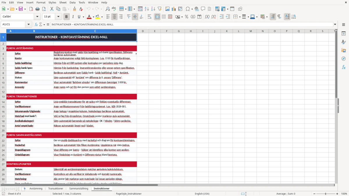 Skärmbild 4: fliken Instruktioner - Excelmall kontoavstämning excel mall