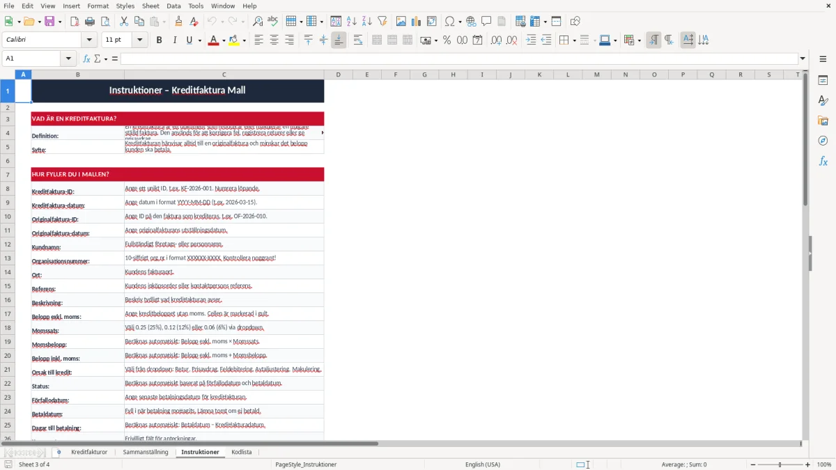 Skärmbild 3: fliken Instruktioner - Excelmall kreditfaktura excel mall