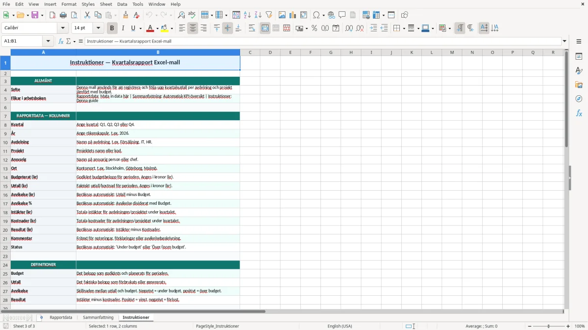 Skärmbild 3: fliken Instruktioner - Excelmall kvartalsrapport excel mall