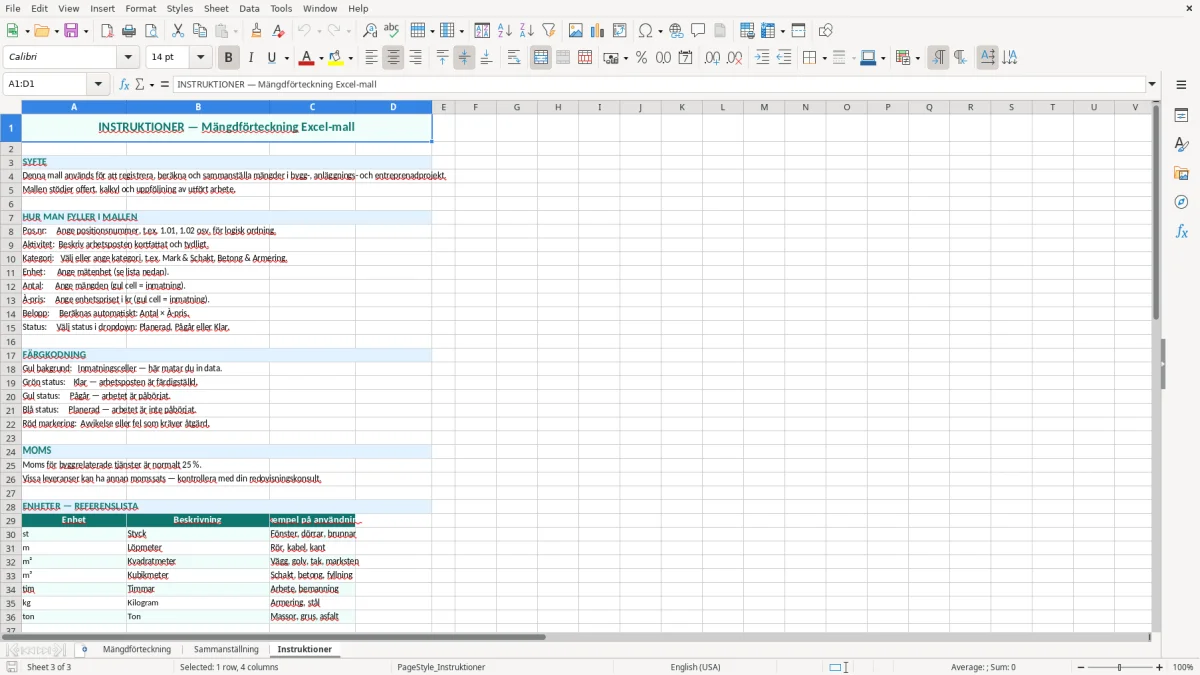 Skärmbild 3: fliken Instruktioner - Excelmall mängdförteckning excel mall