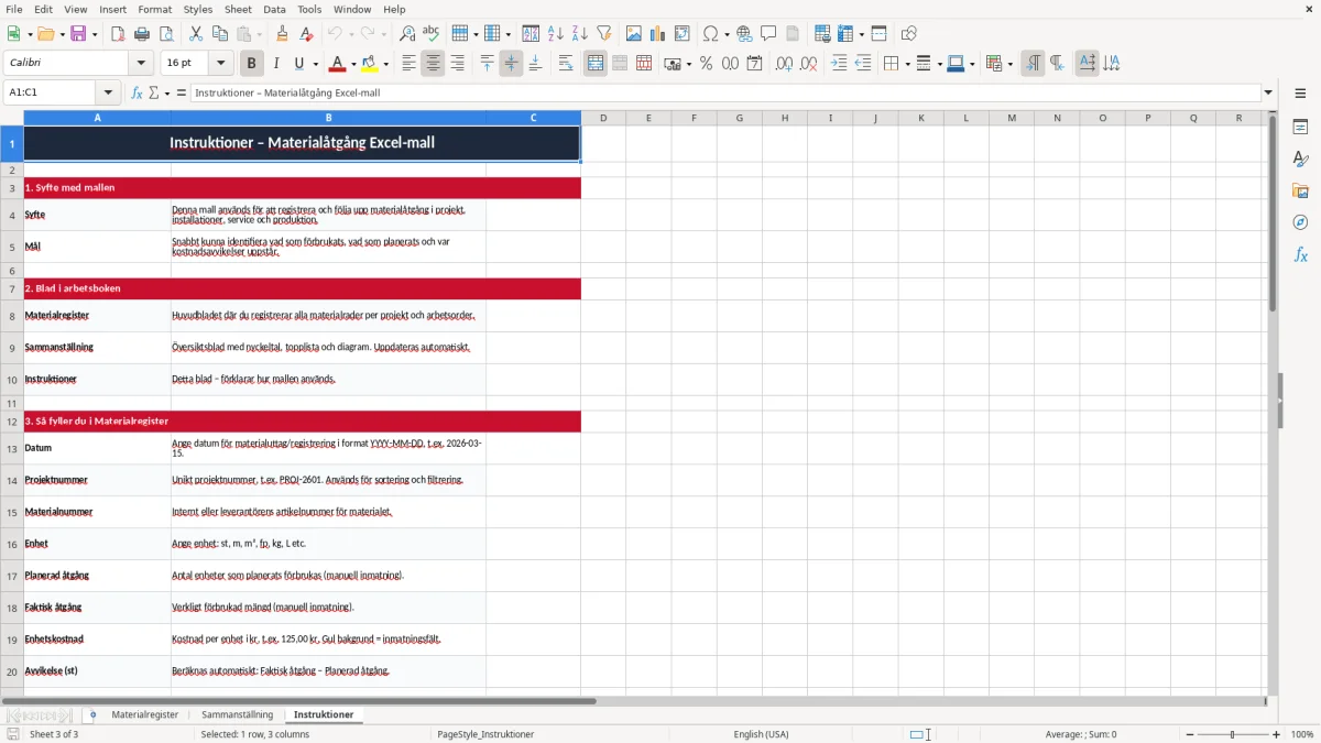 Skärmbild 3: fliken Instruktioner - Excelmall materialåtgång excel mall