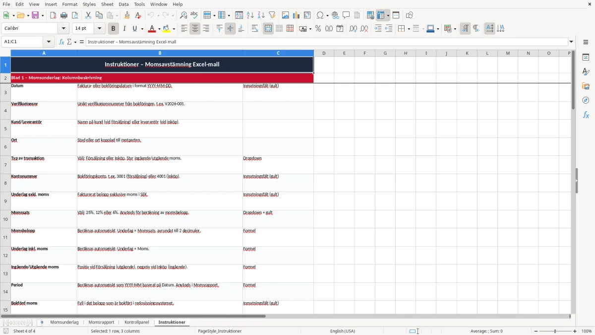 Skärmbild 4: fliken Instruktioner - Excelmall momsavstämning excel mall