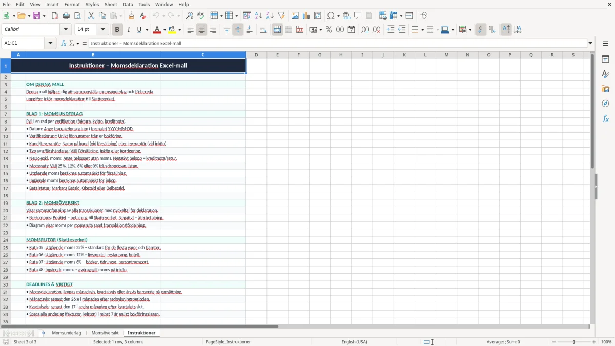 Skärmbild 3: fliken Instruktioner - Excelmall momsdeklaration excel mall