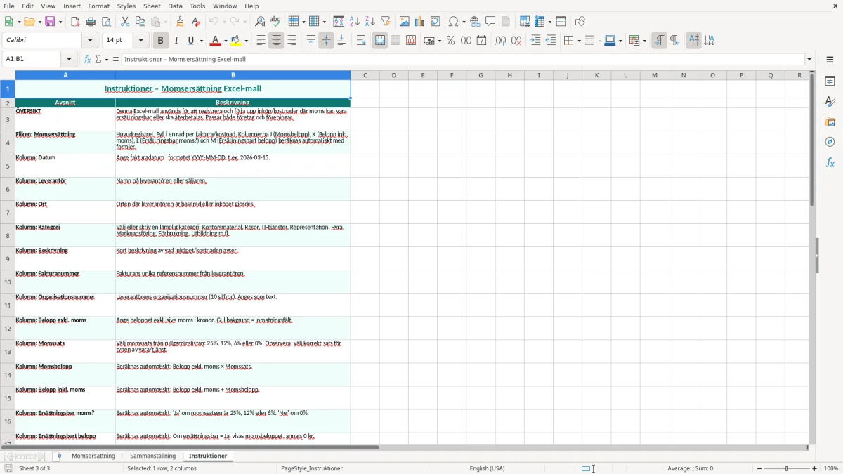Skärmbild 3: fliken Instruktioner - Excelmall momsersättning excel mall