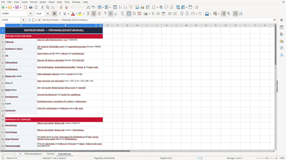 Skärmbild 3: fliken Instruktioner - Excelmall påminnelsefaktura excel mall
