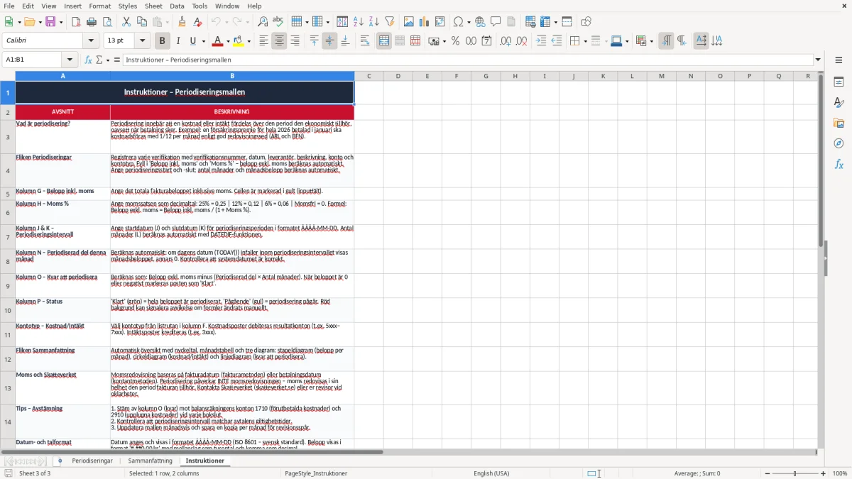 Skärmbild 3: fliken Instruktioner - Excelmall periodiseringar excel mall