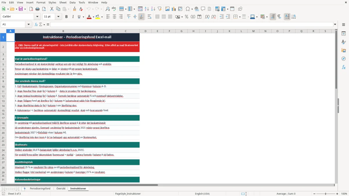 Skärmbild 3: fliken Instruktioner - Excelmall periodiseringsfond excel mall