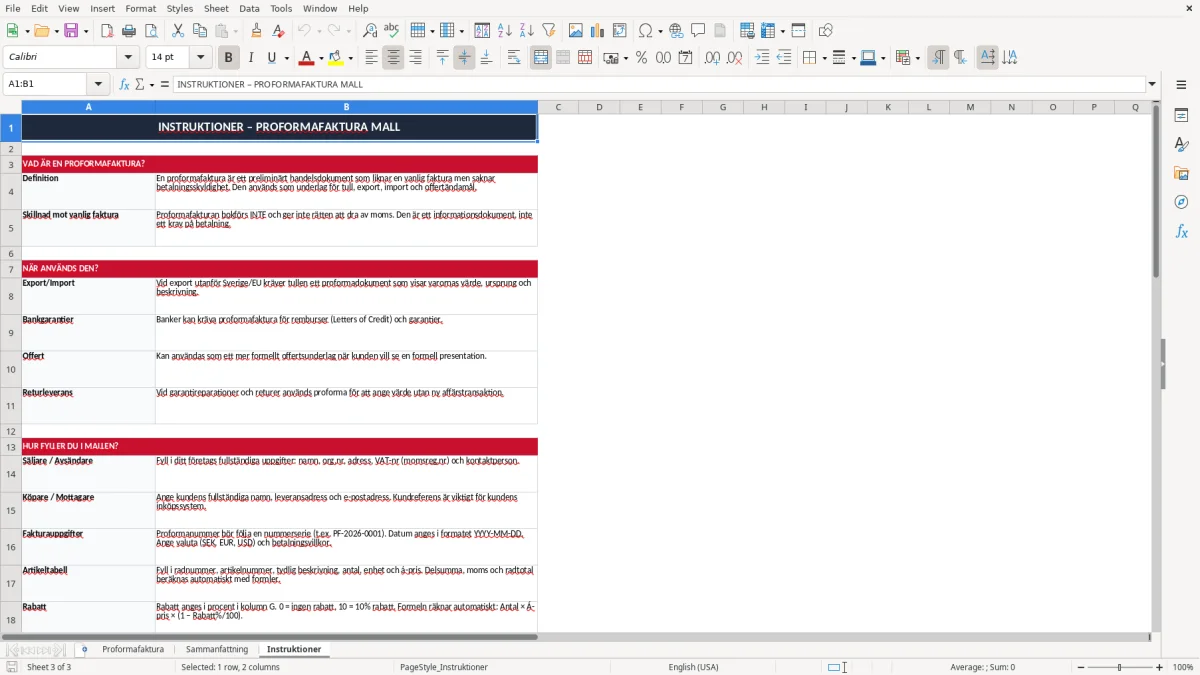 Skärmbild 3: fliken Instruktioner - Excelmall proformafaktura excel mall