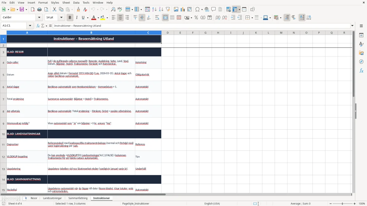 Skärmbild 4: fliken Instruktioner - Excelmall reseersättning utland excel mall