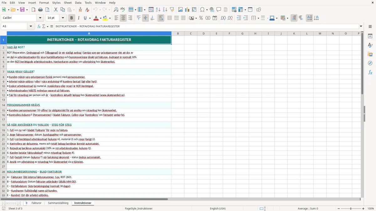 Skärmbild 3: fliken Instruktioner - Excelmall rotavdrag faktura excel mall