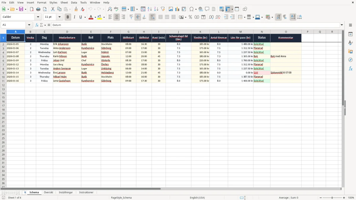 Skärmbild 1: fliken Schema - Excelmall rullande schema excel mall