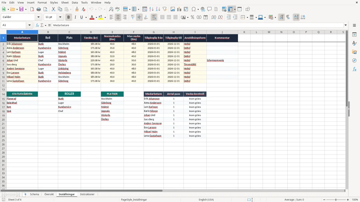 Skärmbild 3: fliken Inställningar - Excelmall rullande schema excel mall