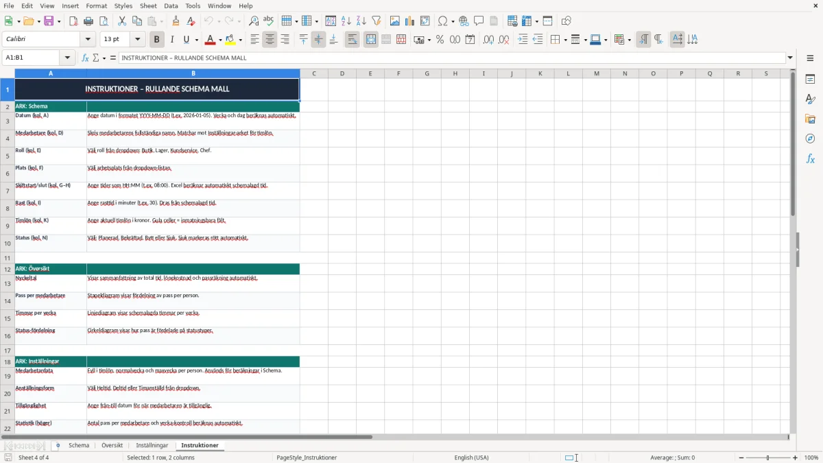 Skärmbild 4: fliken Instruktioner - Excelmall rullande schema excel mall