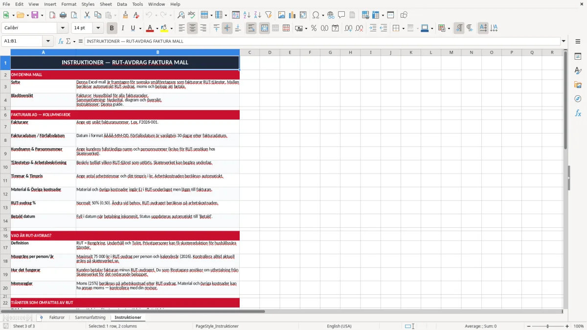 Skärmbild 3: fliken Instruktioner - Excelmall rutavdrag faktura excel mall
