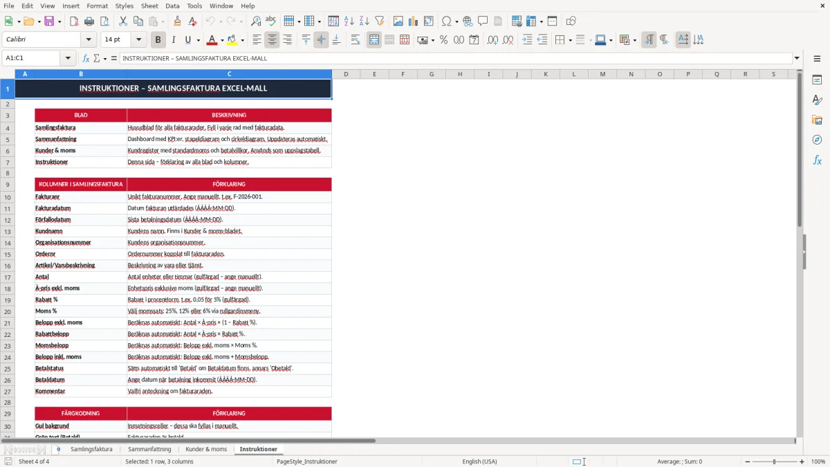 Skärmbild 4: fliken Instruktioner - Excelmall samlingsfaktura excel mall
