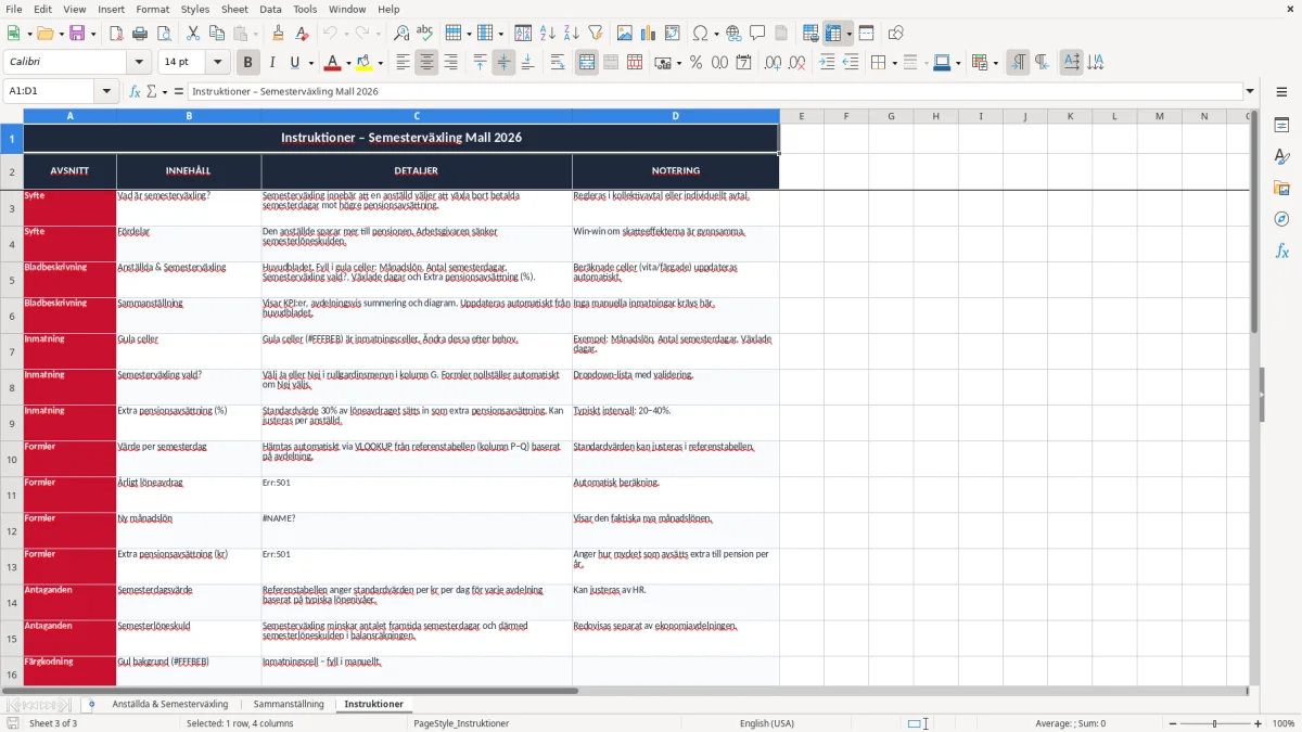 Skärmbild 3: fliken Instruktioner - Excelmall semesterväxling excel mall