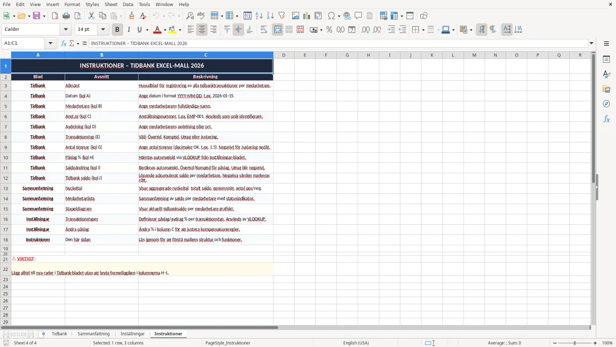 Skärmbild 4: fliken Instruktioner - Excelmall tidbank saldo excel mall