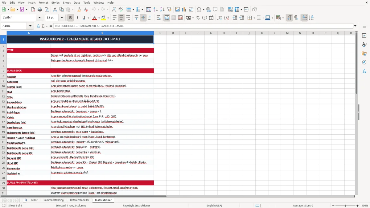 Skärmbild 4: fliken Instruktioner - Excelmall traktamente utland excel mall