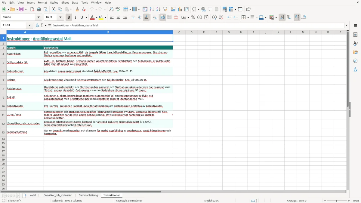 Skärmbild 4: fliken Instruktioner - Excelmall anställningsavtal excel mall