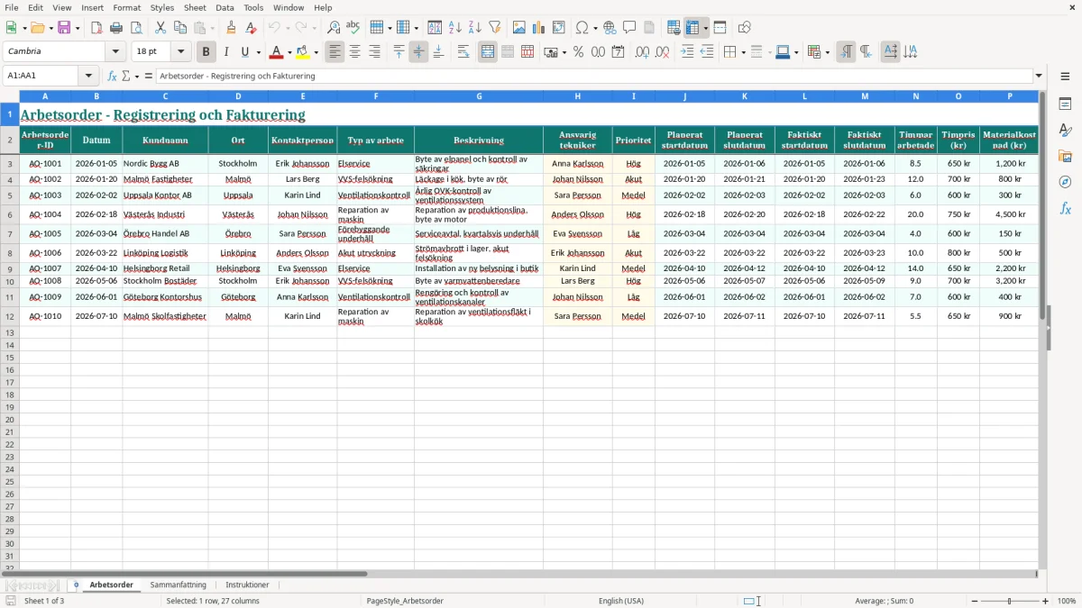 Skärmbild 1: fliken Arbetsorder - Excelmall arbetsorder excel mall