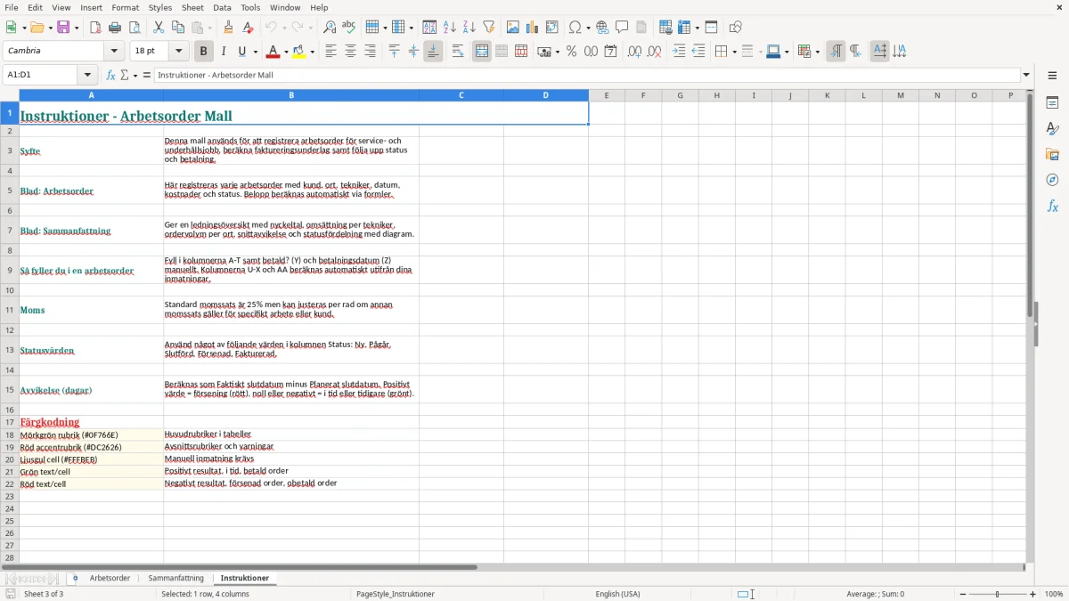 Skärmbild 3: fliken Instruktioner - Excelmall arbetsorder excel mall