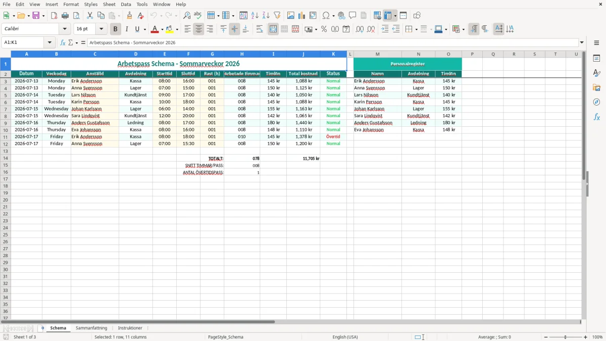 Skärmbild 1: fliken Schema - Excelmall arbetspass schema excel mall