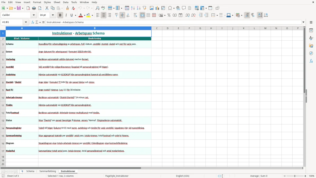 Skärmbild 3: fliken Instruktioner - Excelmall arbetspass schema excel mall
