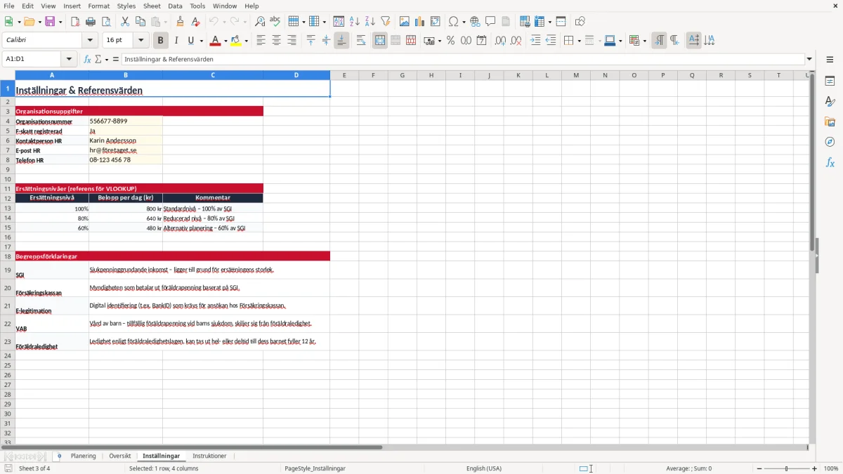 Skärmbild 3: fliken Inställningar - Excelmall föräldraledighet planering excel mall