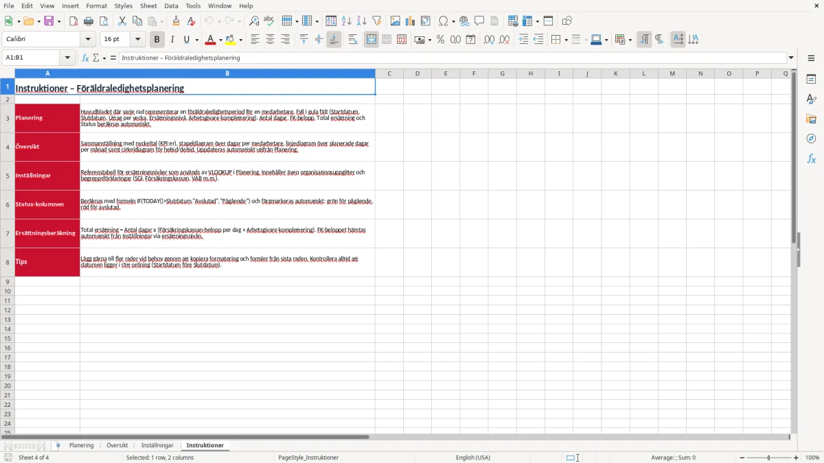 Skärmbild 4: fliken Instruktioner - Excelmall föräldraledighet planering excel mall