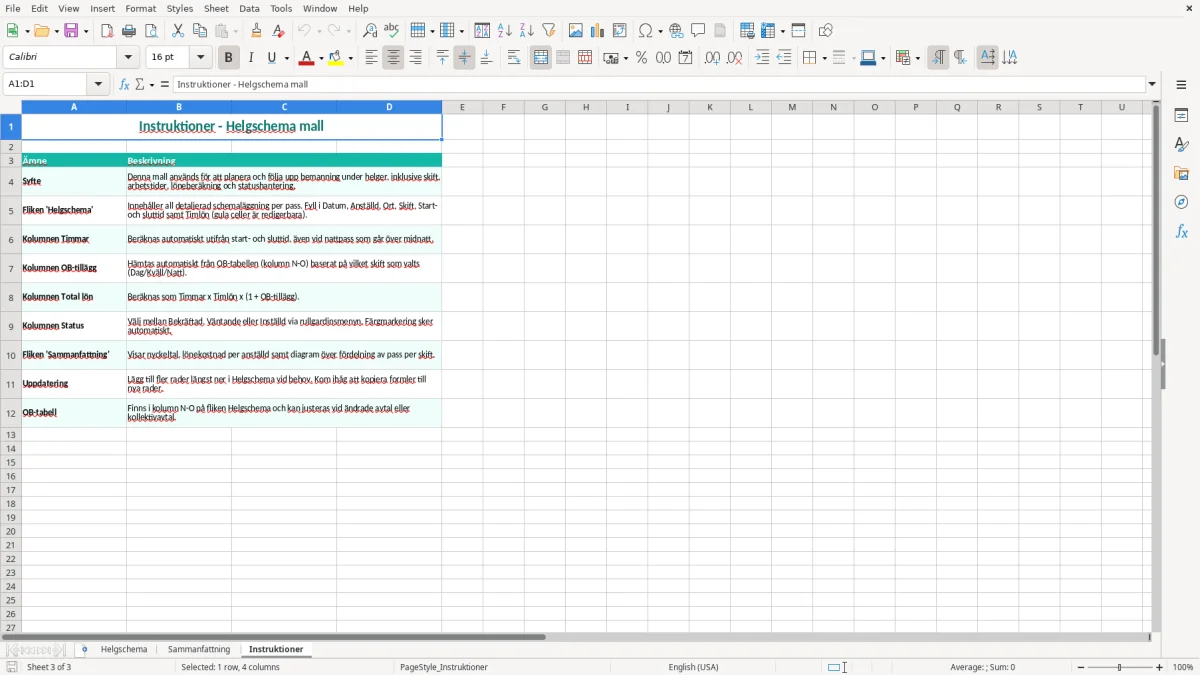 Skärmbild 3: fliken Instruktioner - Excelmall helgschema excel mall