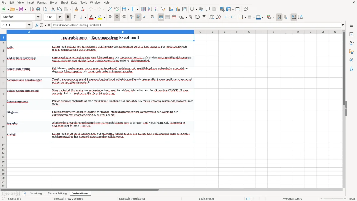 Skärmbild 3: fliken Instruktioner - Excelmall karensavdrag excel mall