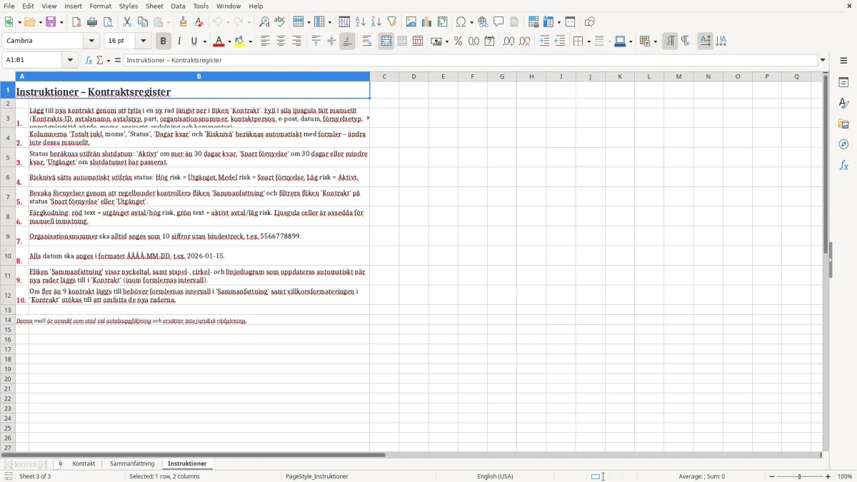 Skärmbild 3: fliken Instruktioner - Excelmall kontraktsregister excel mall