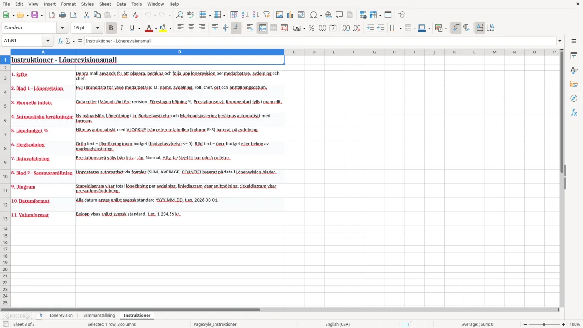Skärmbild 3: fliken Instruktioner - Excelmall lönerevision excel mall