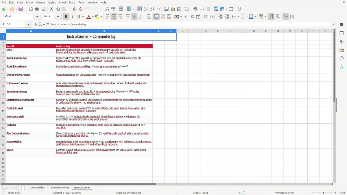 Skärmbild 3: fliken Instruktioner - Excelmall löneunderlag excel mall