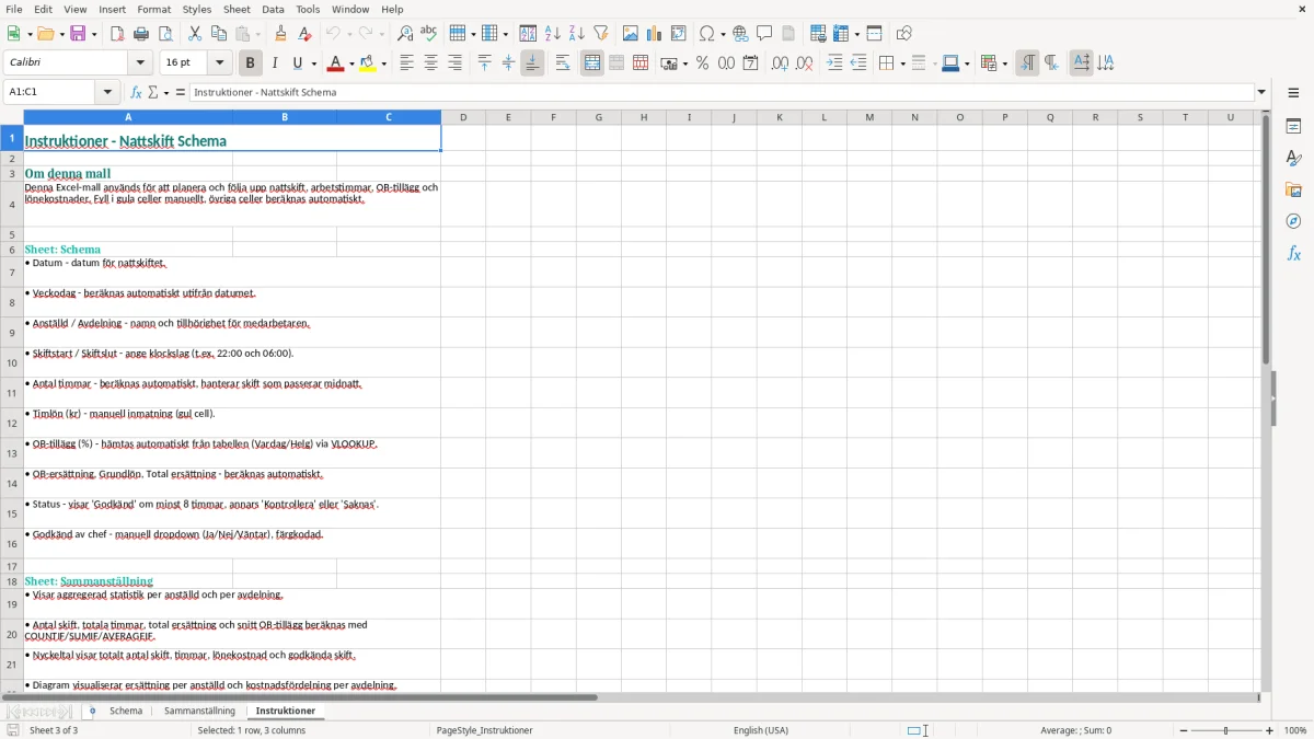 Skärmbild 3: fliken Instruktioner - Excelmall nattskift schema excel mall