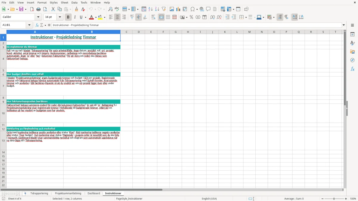 Skärmbild 4: fliken Instruktioner - Excelmall projektledning timmar excel mall