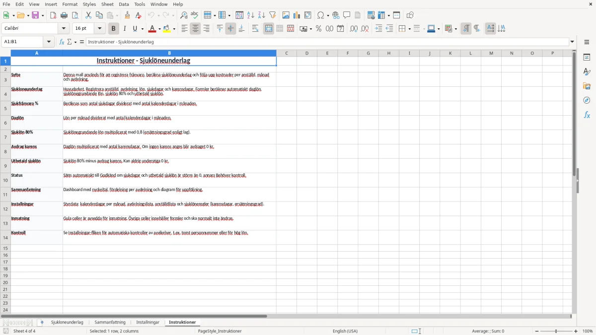 Skärmbild 4: fliken Instruktioner - Excelmall sjuklöneunderlag excel mall