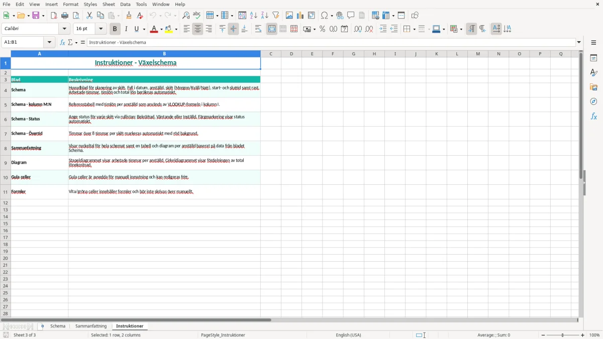 Skärmbild 3: fliken Instruktioner - Excelmall växelschema excel mall
