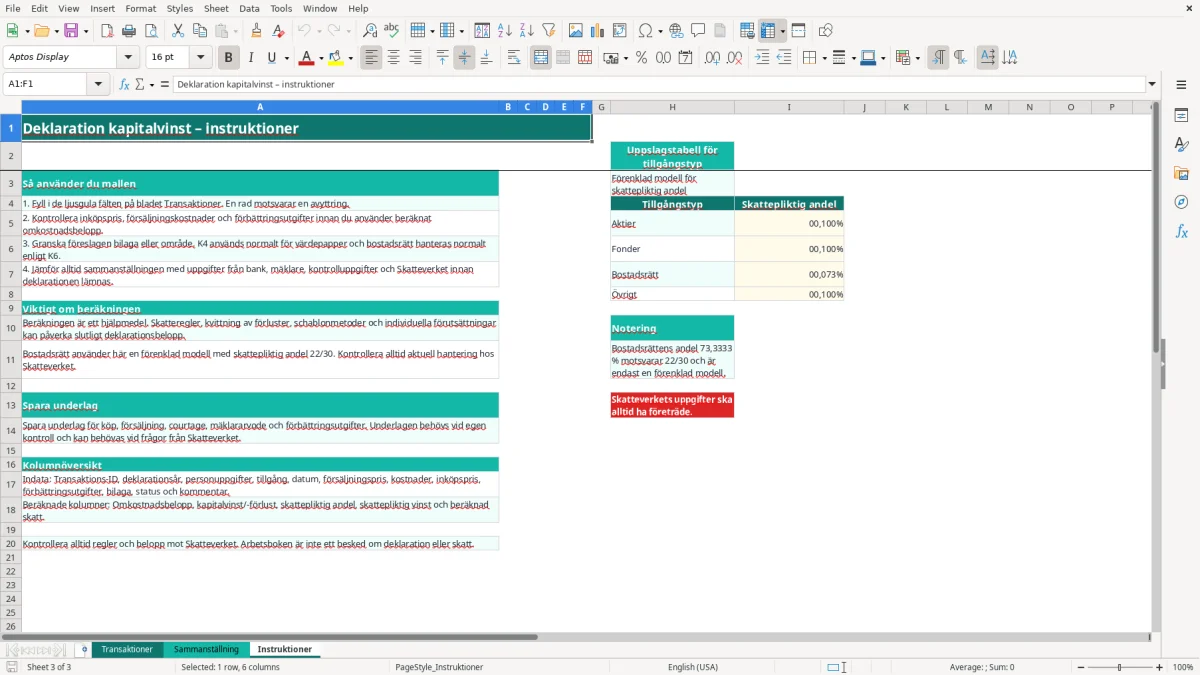 Skärmbild 3: fliken Instruktioner - Excelmall deklaration kapitalvinst excel mall