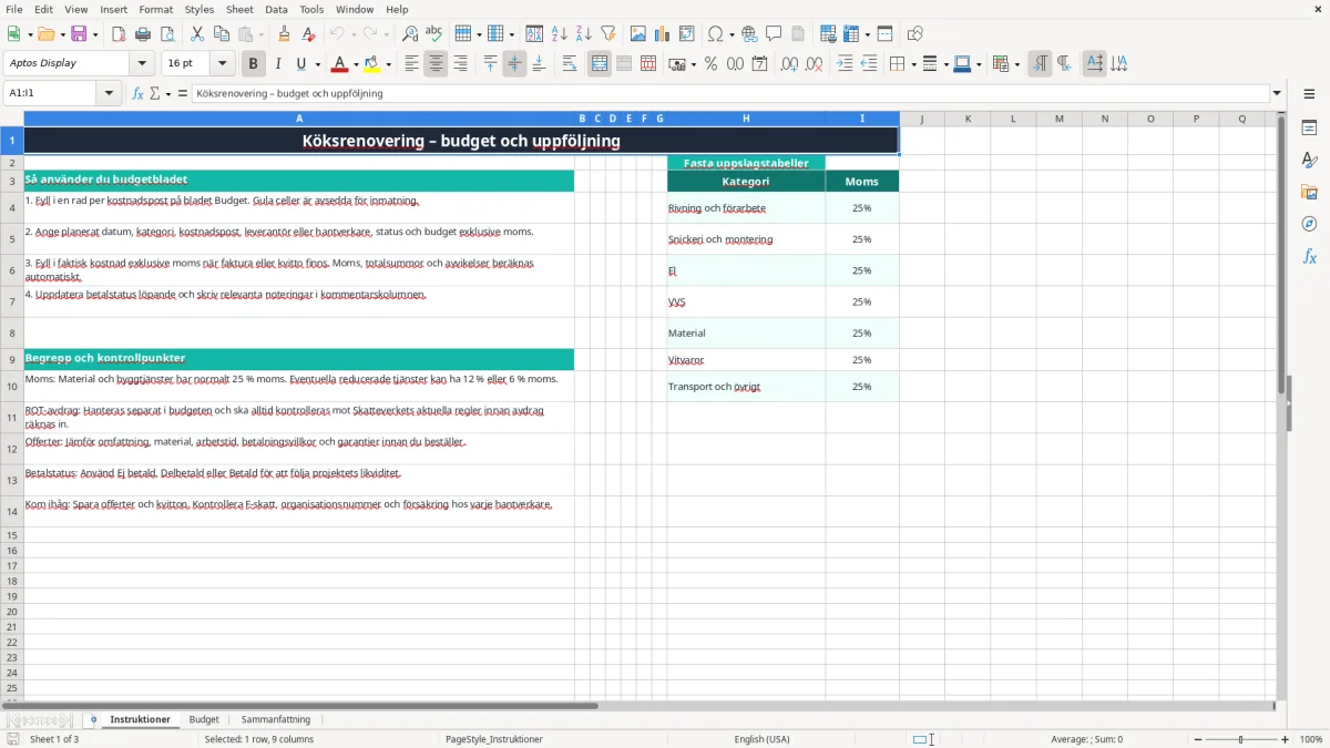 Skärmbild 1: fliken Instruktioner - Excelmall köksrenovering budget excel mall