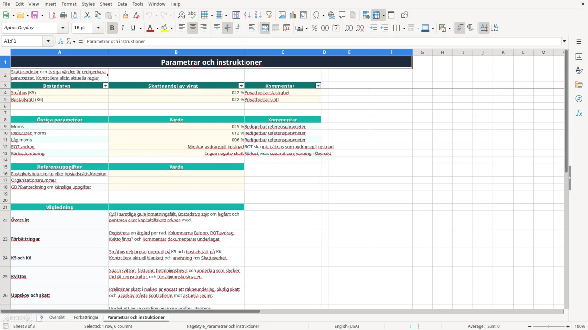 Skärmbild 3: fliken Parametrar och instruktioner - Excelmall reavinst bostad excel mall