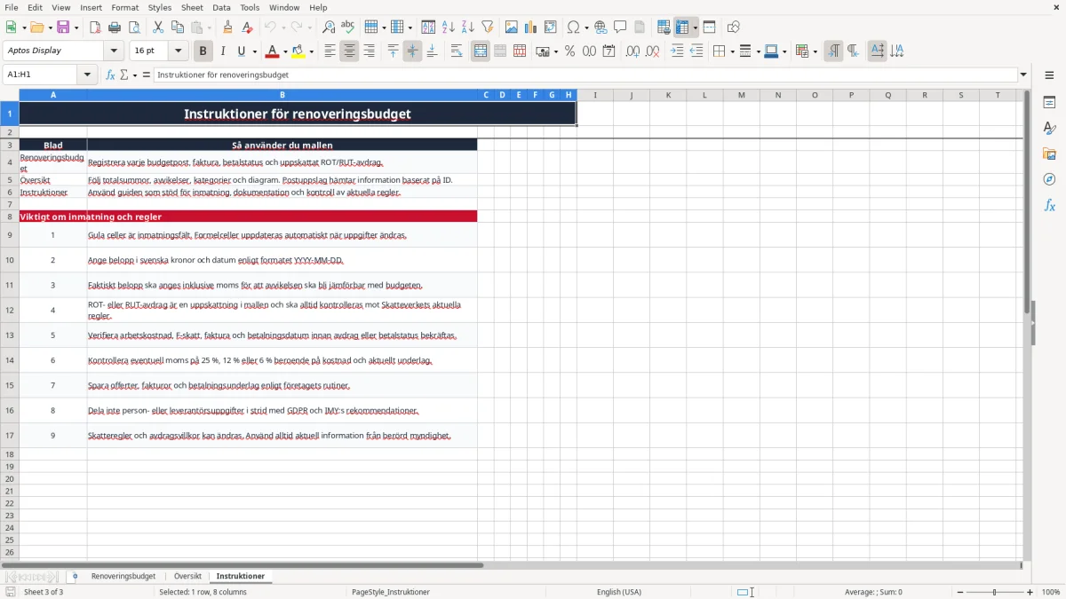 Skärmbild 3: fliken Instruktioner - Excelmall renoveringsbudget excel mall