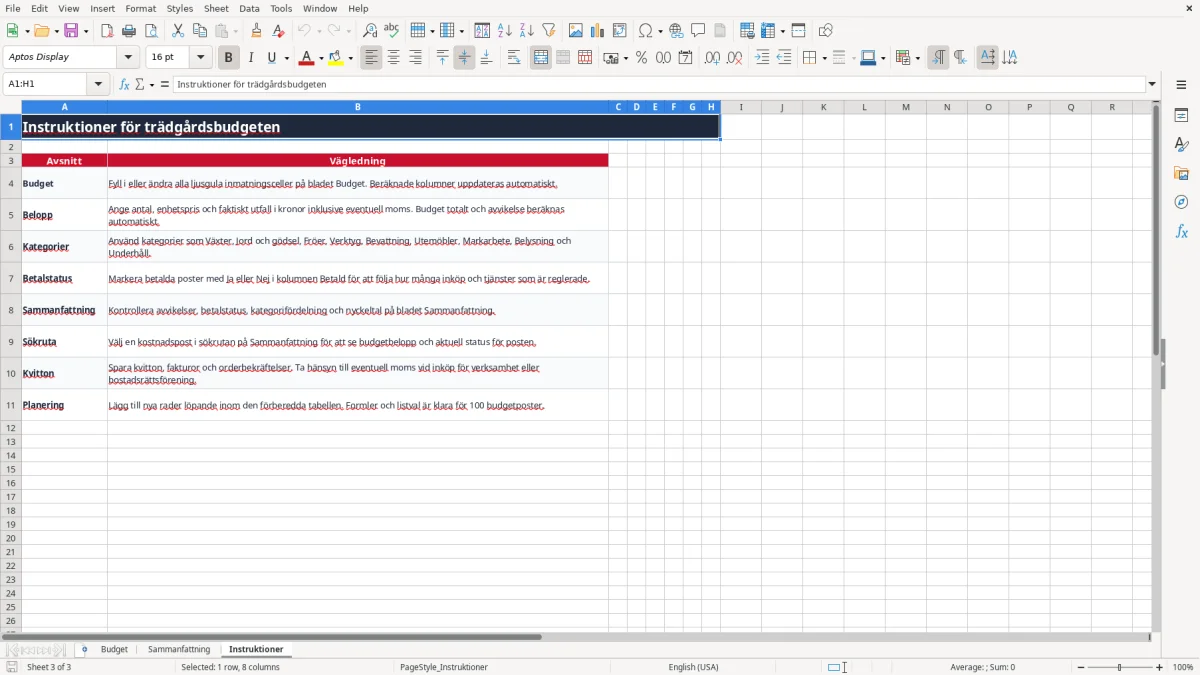 Skärmbild 3: fliken Instruktioner - Excelmall trädgård budget excel mall